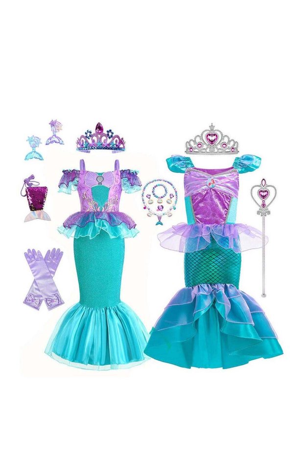 Mermaid Costume for Girls,Princess Dress with Crown,Wand,Gloves,Jewelry and Bag Set,139cm