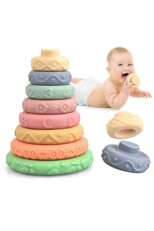 8-Piece Soft Silicone Stacking Blocks,Baby Teether & Sensory Montessori Toy for Babies
