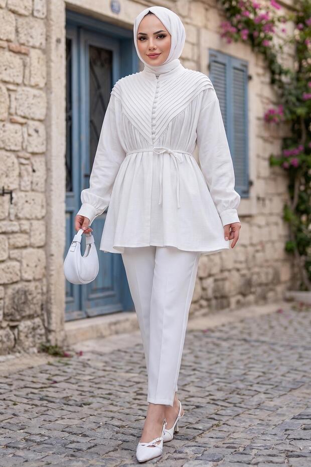 Ribbed Half Placket Buttoned Tunic White Hm2886