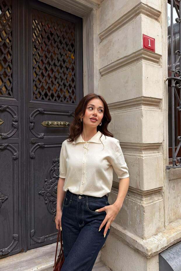 Polo Collar Short Sleeve Cardigan Ecru