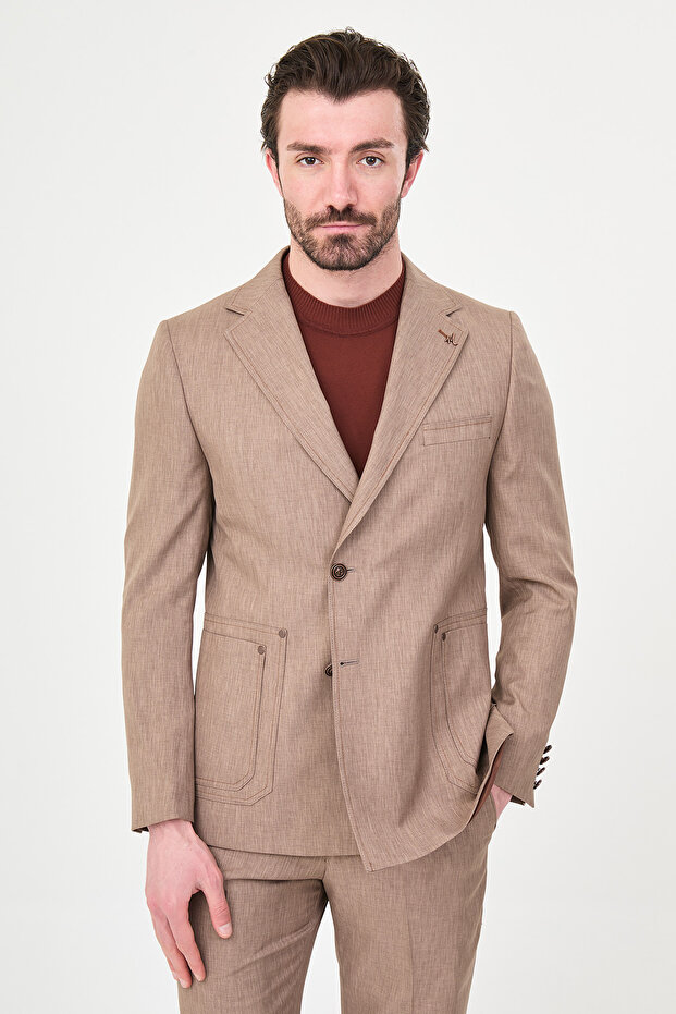 Straight Slim Fit Mono Collar Metal Buttoned Men's Suit Milk Coffee - 45464.26Y