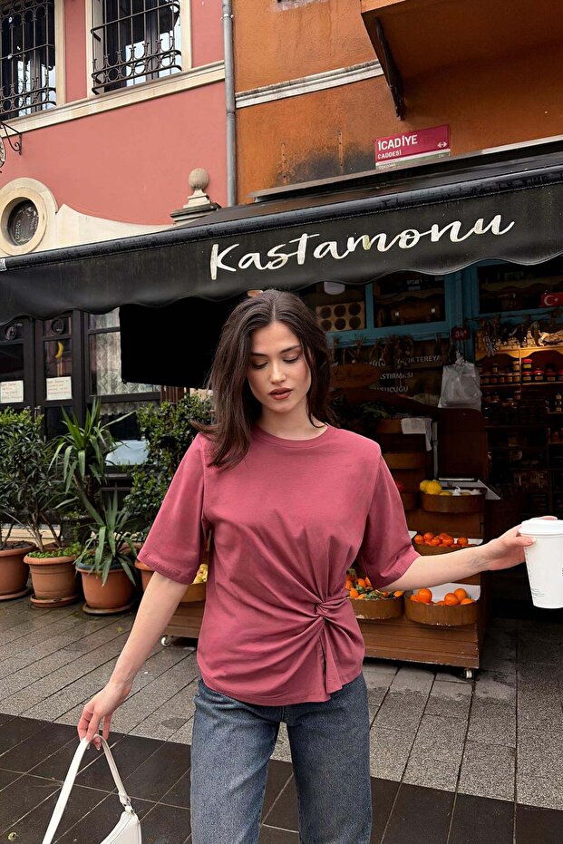 Padded Front Ruffle Detail Tshirt Dusty Rose