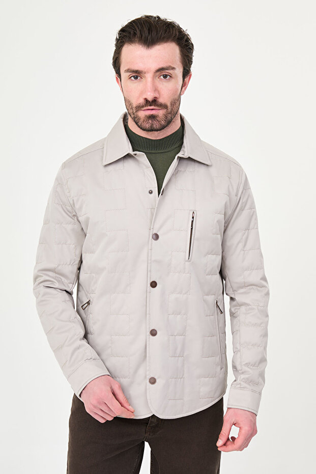 Quilted Slim Fit Shirt Collar Snap Fastener Men's Coat Beige - 39666.26Y