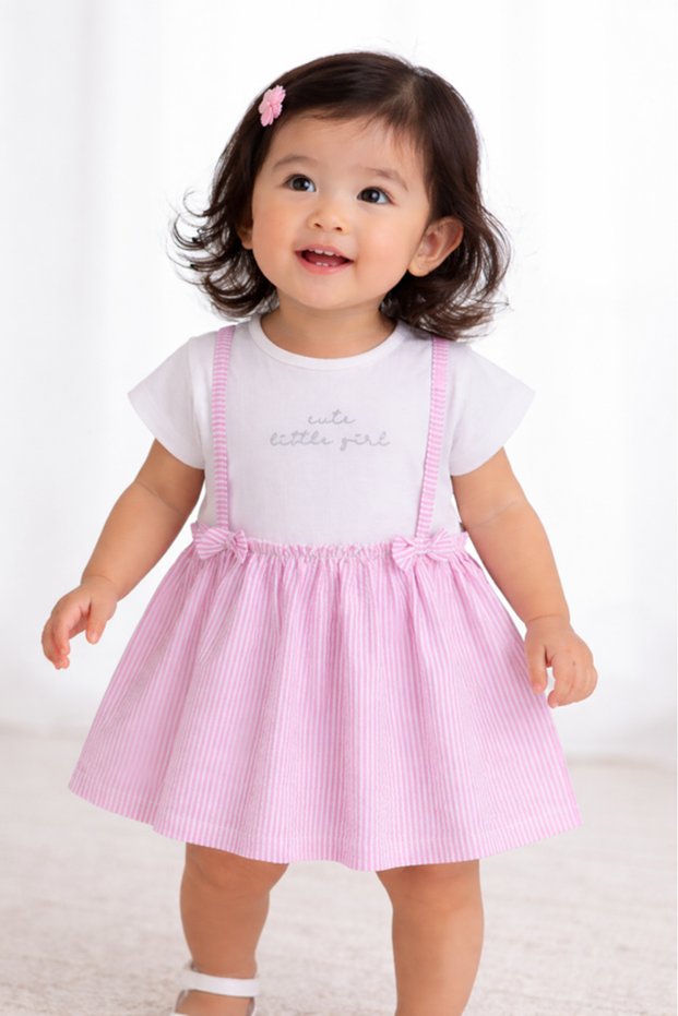 Infant Girls Purple Stripe Suspender Dress with Bow Details