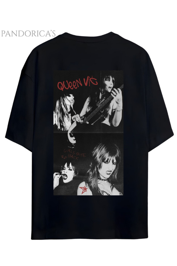 Maneski̇n Design Series "Queen Vic-Girls Bite Back" Writing Printed on the Back Unisex T-Shirt