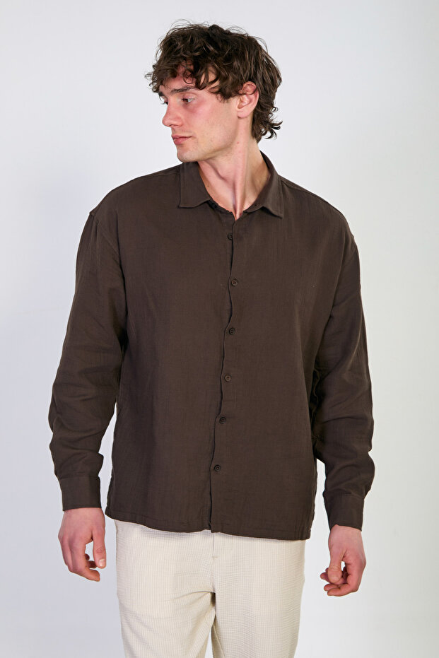 Men's long sleeve muslin shirt - coffee
