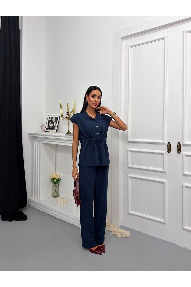 Vatka Shoulder Navy Blue Regular Fit Drawstring Waist Short Sleeve Women's Set