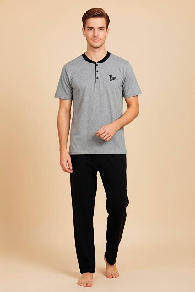 Short Sleeve Lapel Button Detailed Cotton Men's Pajama Set
