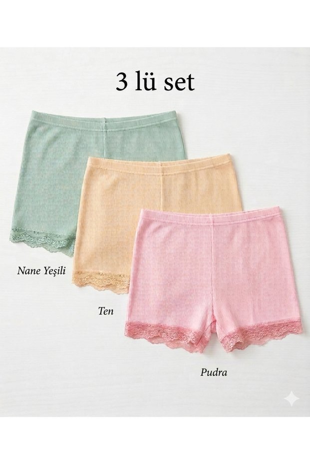 Women's 3-Pack Lace Long Ribbed Boxer Shorts - Cotton Stretch Ribbed Boxer (Cagla, Powder, Skin) XL