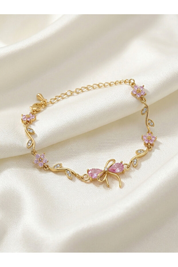 Women's Steel Zircon Stone Flower Pattern Ribbon Bracelet
