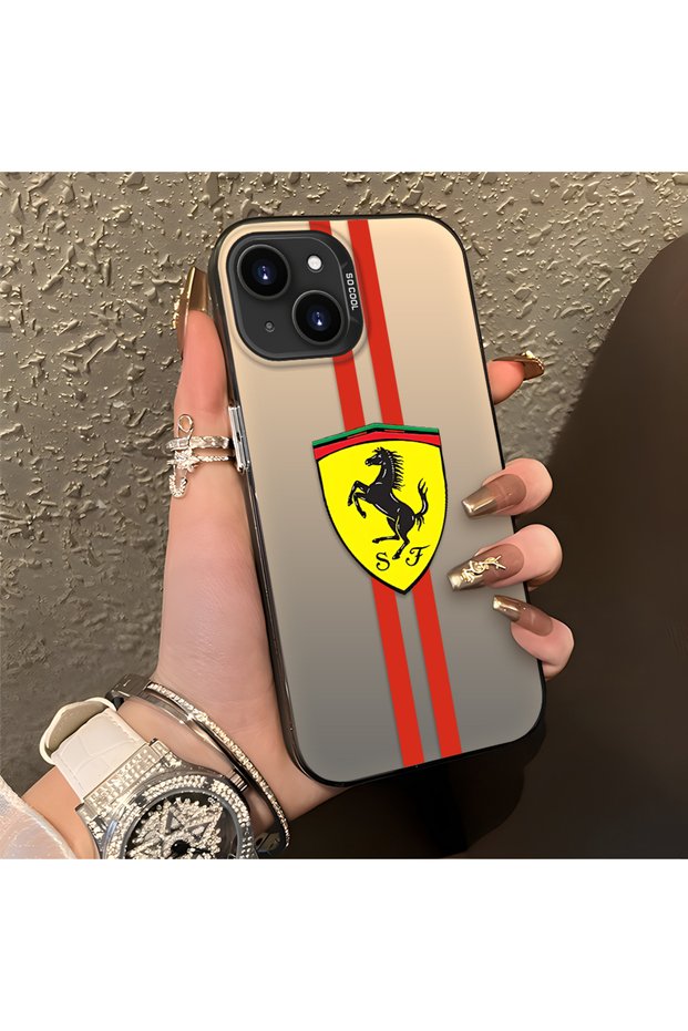iPhone 15 Plus Compatible Silicone Edge Hard Back Anti-Fall Phone Case Ferrari Patterned