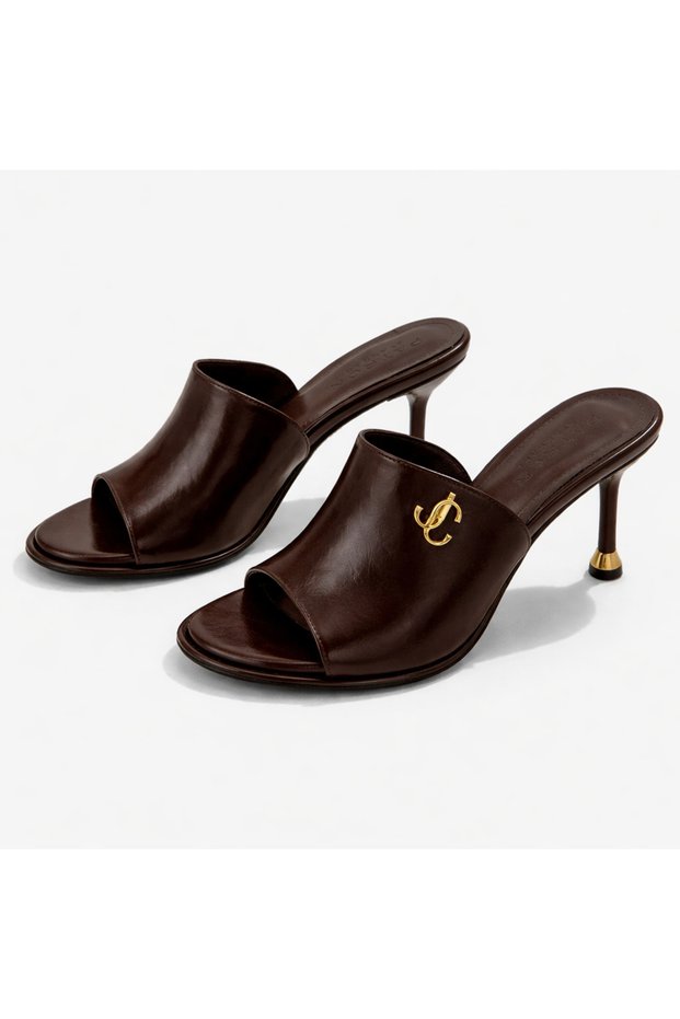 Women's Thin Heeled Leather Look Slippers – Stylish Casual & Nighttime Use Open Toe Heeled Slippers