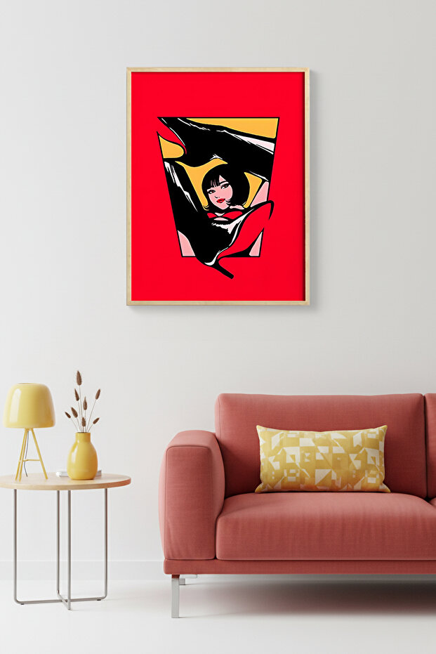 Natural Wood Framed Graphic Abstract Painting - Red Black Tones | Huhu1934 - Single Table Natural Wood Frame