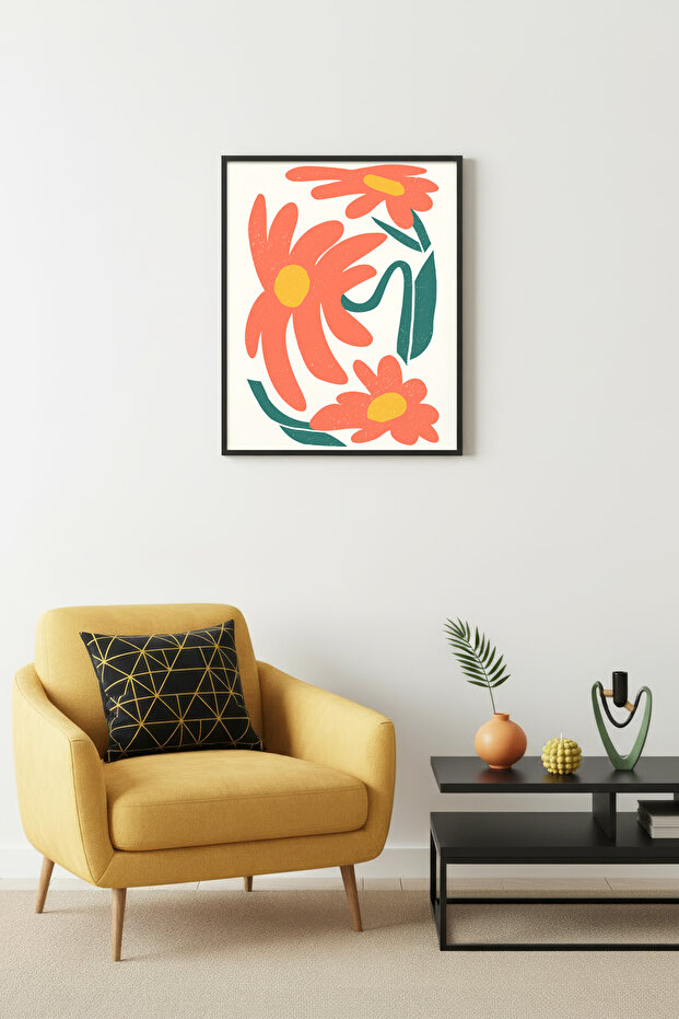Black Wooden Framed Retro Floral Painting - Orange Floral Pattern | Huhu2551 - Single Table Black Frame