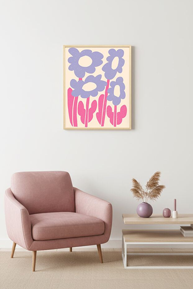 Natural Wood Framed Pop Art Floral Painting - Retro Pink Lilac Pattern | Huhu2270 - Single Table Natural Wood Frame