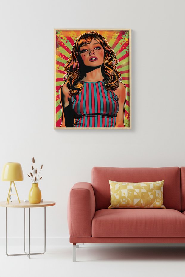 Natural Wood Framed Pop Art Portrait Painting - Vibrant Colors |   Huhu1843 - Single Table Natural Wood Frame