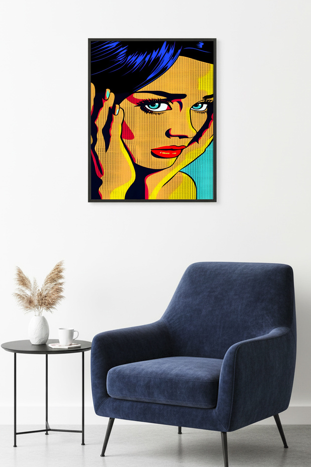 Natural Wood Framed Pop Art Graphic Patterned Painting - Yellow-Black | Huhu1755