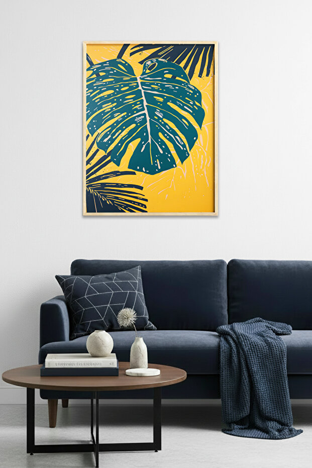 Natural Wood Framed Leaf Pattern Painting - Tropical Green | Huhu1902