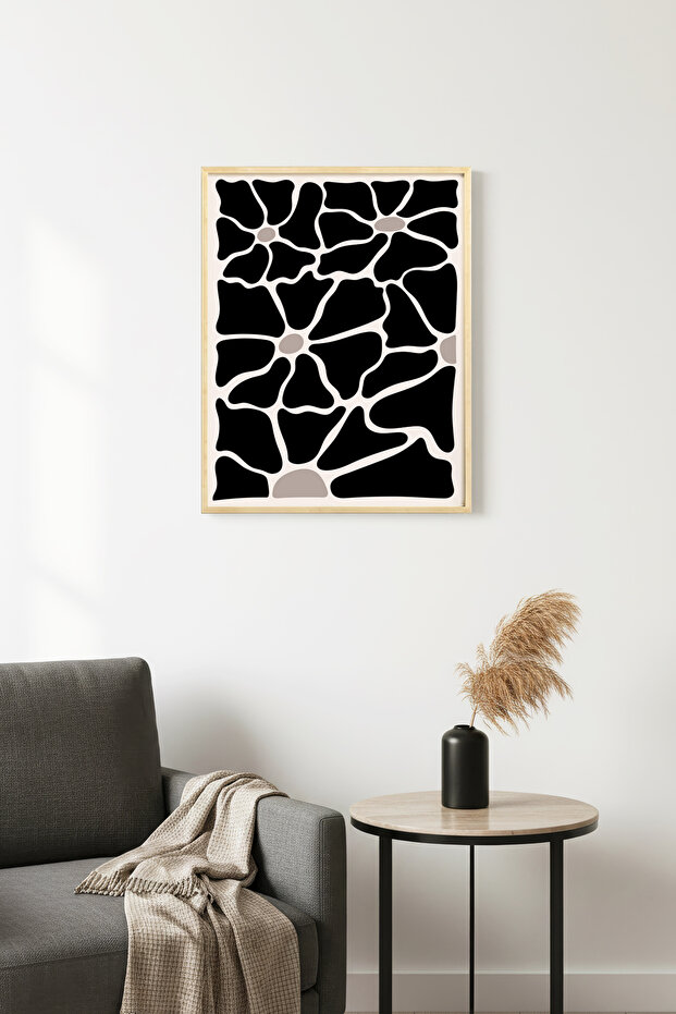 Natural Wood Framed Retro Abstract Painting - Organic Pattern | Huhu2216 - Single Table Natural Wood Frame