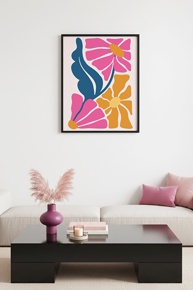 Black Wooden Framed Retro Floral Pattern Painting - Pastel Tones | Huhu2083 - Single Table Black Frame