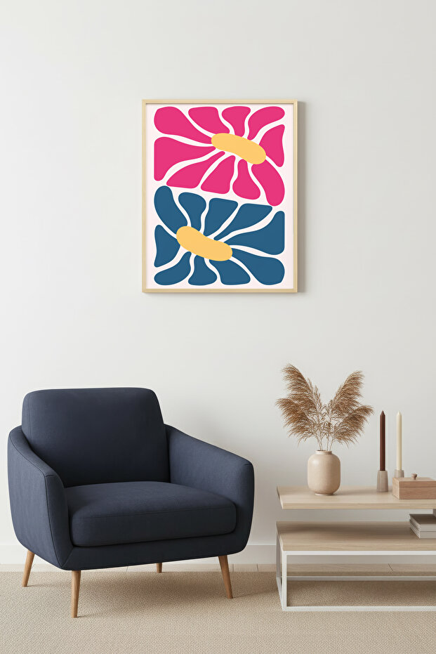 Natural Wood Framed Retro Abstract Painting - Pink and Blue Floral Pattern | Huhu2536 - Single Table Natural Wood Frame