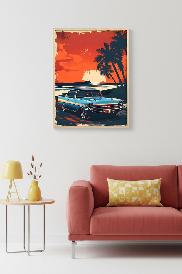 Natural Wood Framed Retro Patterned Painting - Tropical Sunset | Huhu1779