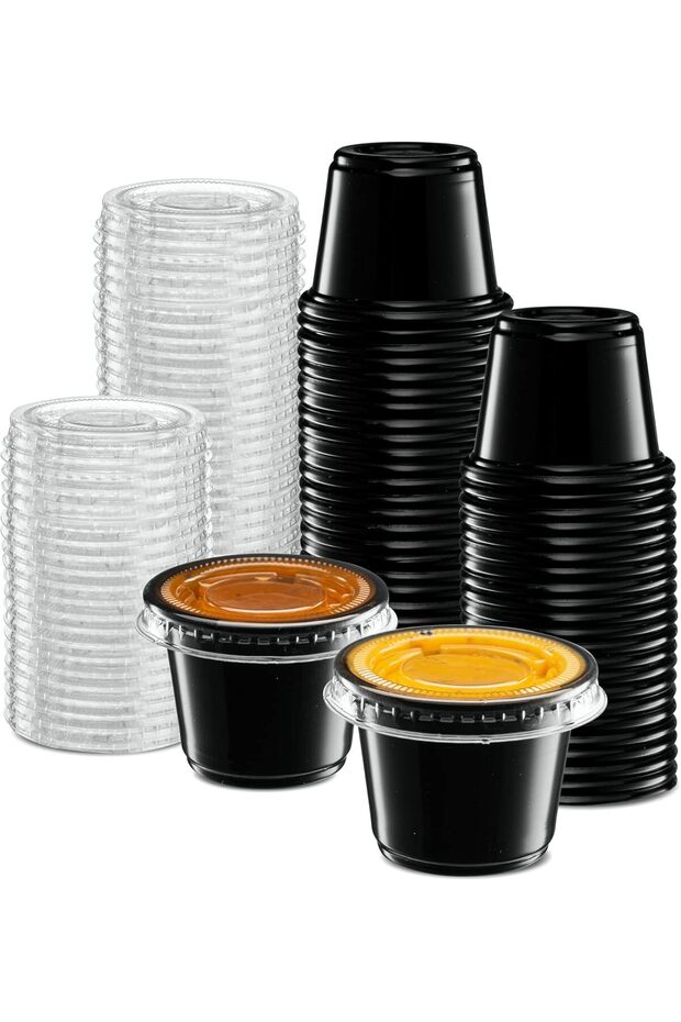 Black Disposable Plastic Portion Condiment Cups with Lids (1oz, 50 Sets)