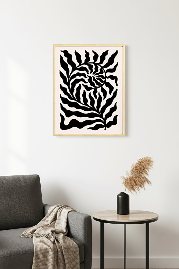 Natural Wood Framed Retro Abstract Leaf Pattern Painting - Black and White | Huhu2206