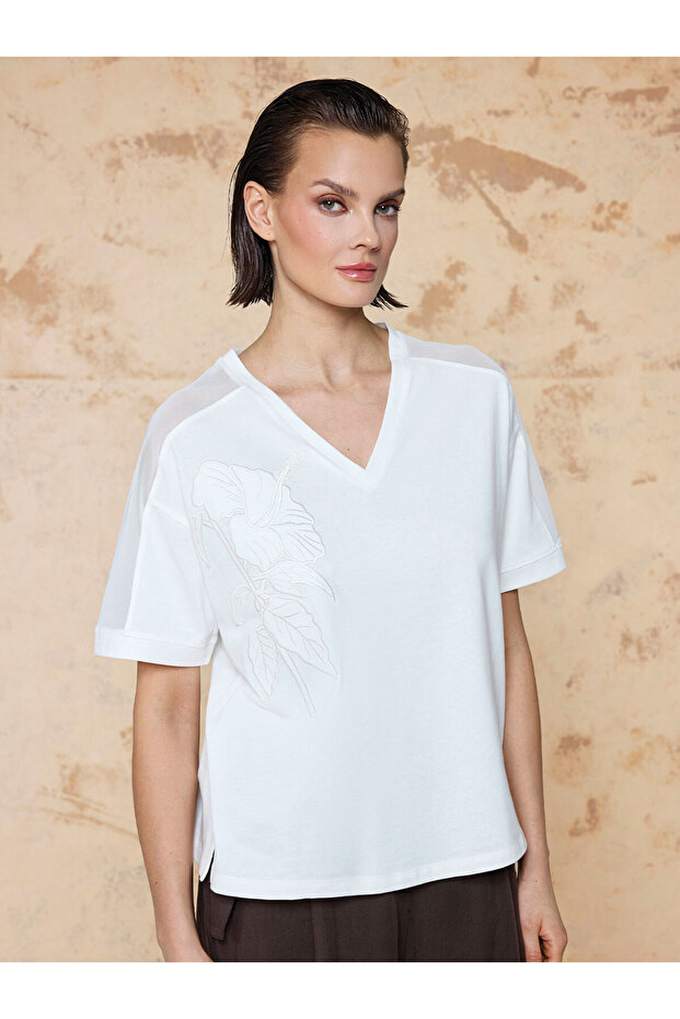 T-Shirt with Transparent Shoulder Details and Fabric Trim