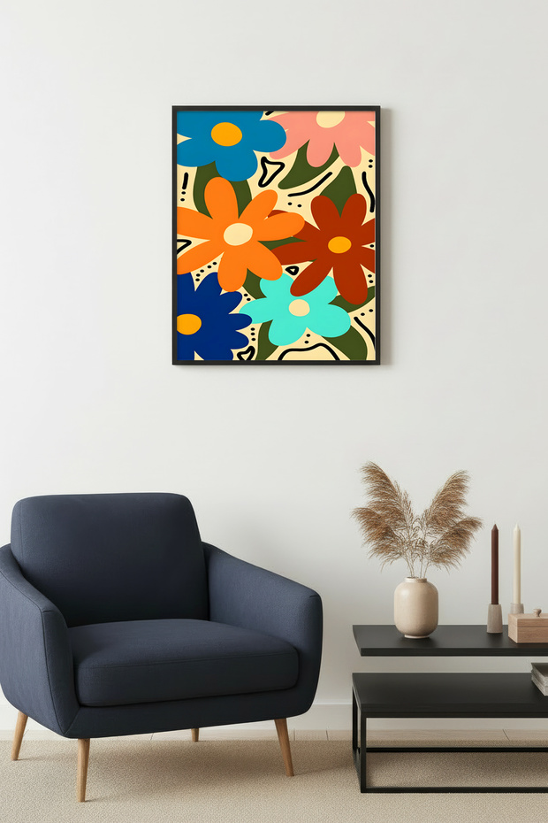 Black Wooden Framed Pop Art Floral Painting - Retro Pattern | Huhu2816 - Single Table Black Frame
