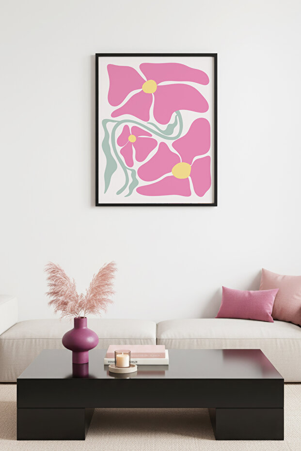 Black Wooden Framed Retro Floral Pattern Painting - Pastel Pink Floral | Huhu2776 - Single Table Black Frame