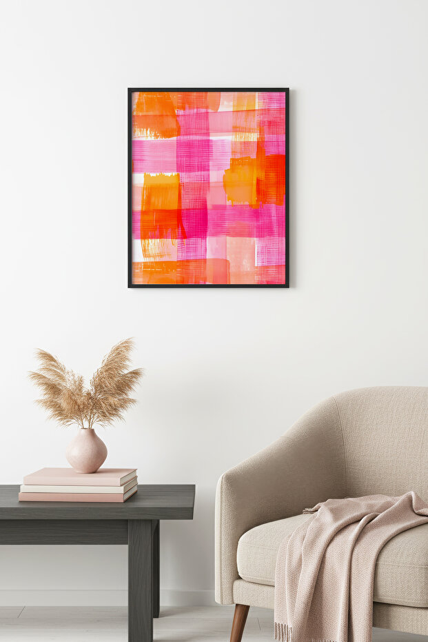 Black Wooden Framed Retro Painting - Orange Pink Abstract Plaid Pattern | Huhu2699 - Single Table Black Frame