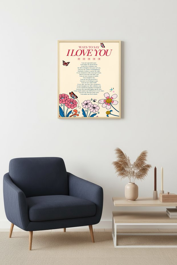 Natural Wood Framed Retro Floral Romantic Painting - Love Quotes |   Huhu2583 - Single Table Natural Wood Frame