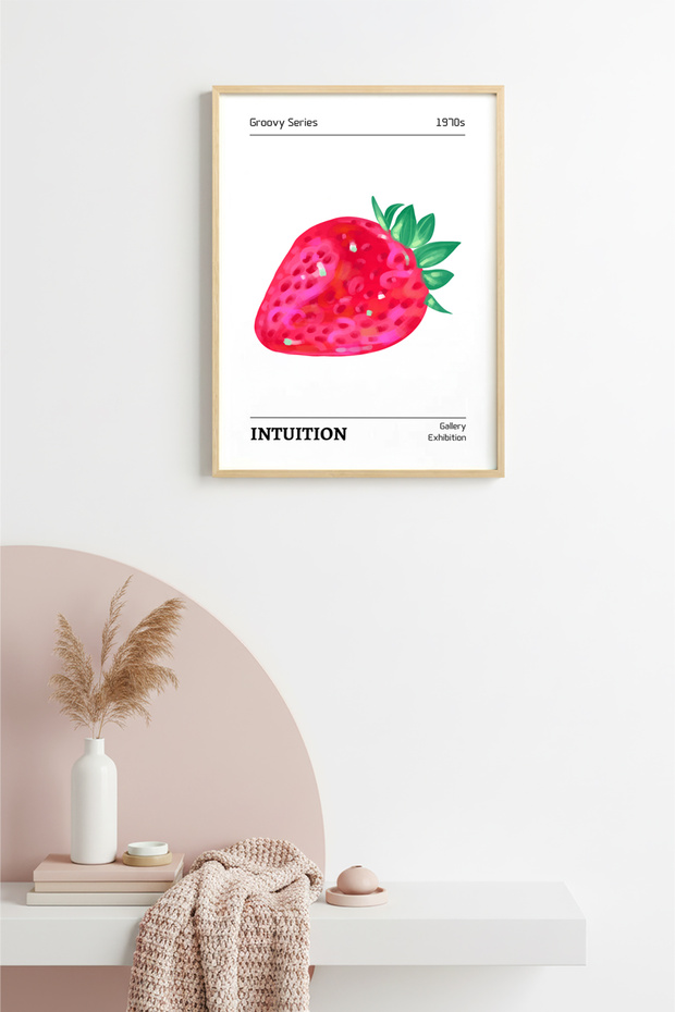 Natural Wood Framed Retro Strawberry Pop Art Painting - Vibrant Tones | Huhu2848 - Single Table Natural Wood Frame