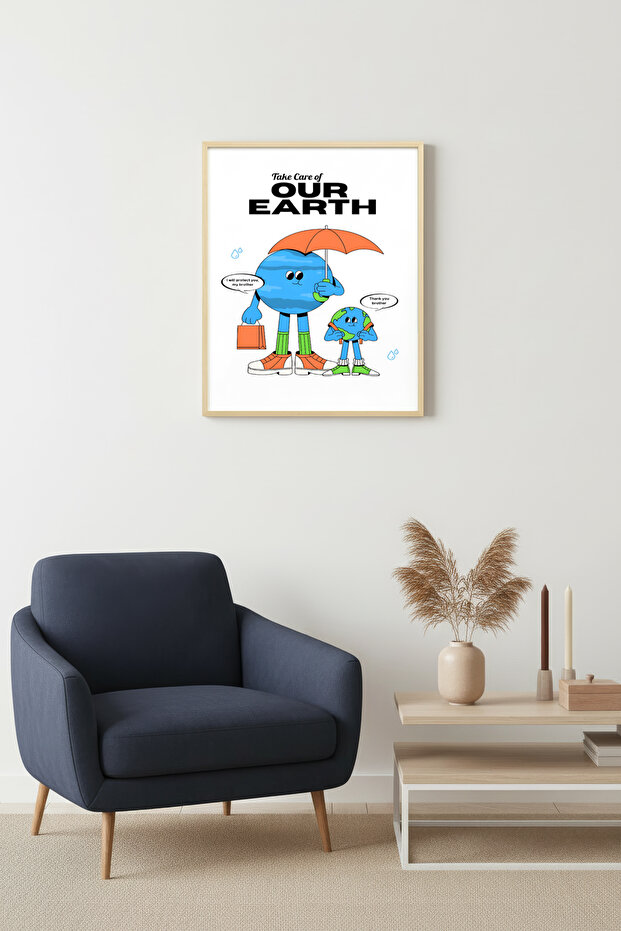 Natural Wood Framed World Conservation Themed Retro Painting - Environmentally Friendly | Huhu2354 - Single Table Natural Wood Frame