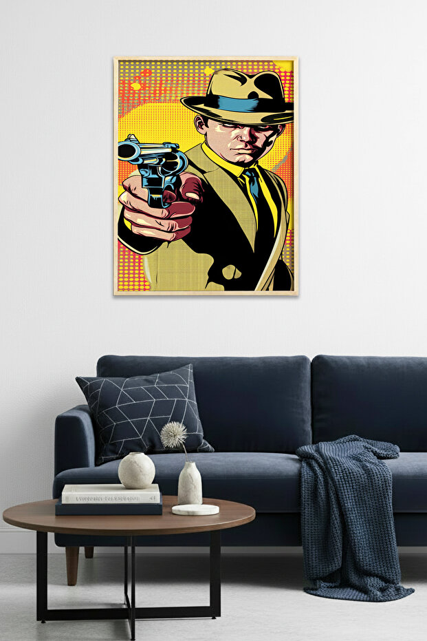Natural Wood Framed Pop Art Patterned Painting - Noir Style | Yellow-Black | Huhu1747