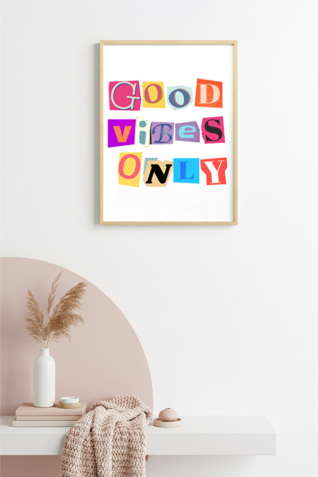 Natural Wood Framed Retro Painting - Good Vibes Only Typography | Huhu2307 - Single Table Natural Wood Frame