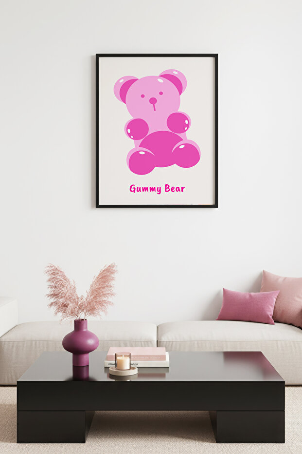 Black Wooden Framed Retro Painting - Pink Gummy Bear Cartoon Design | Huhu2217 - Single Table Black Frame