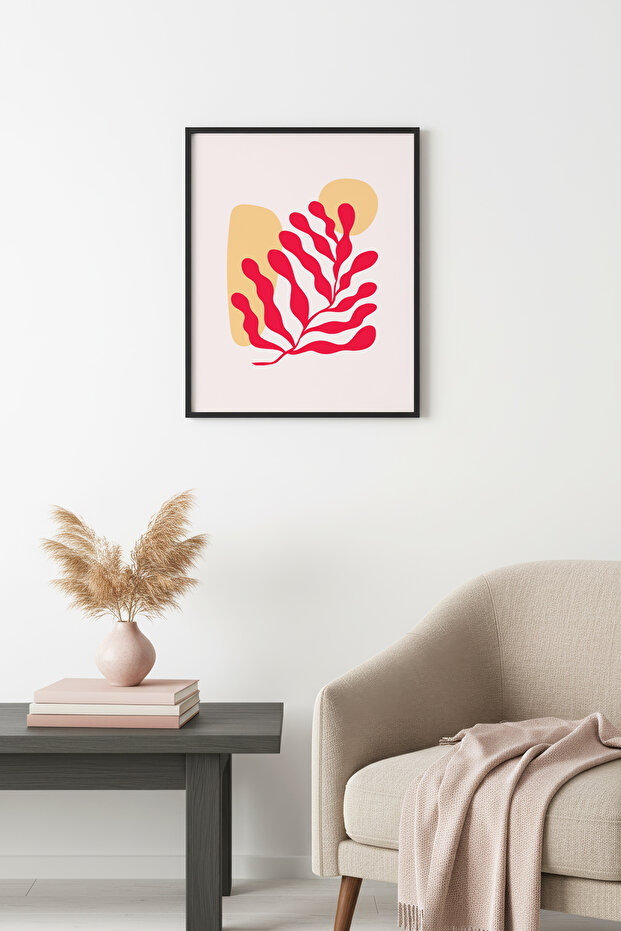 Natural Wood Framed Large Leaf Pattern Retro Painting - Vibrant Red Tones | Huhu2667