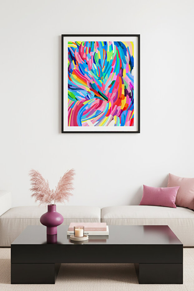 Natural Wood Framed Retro Abstract Patterned Painting - Vibrant Colors | Huhu2517