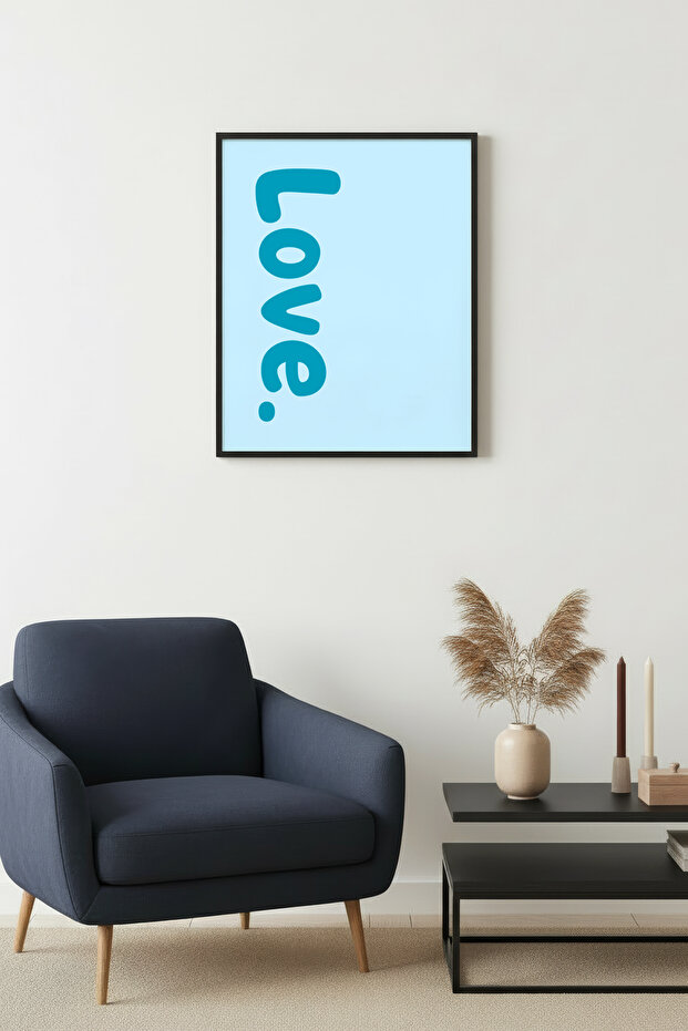 Black Wooden Framed Retro Love Text Painting - Vibrant Blue Tones | Huhu2722 - Single Table Black Frame