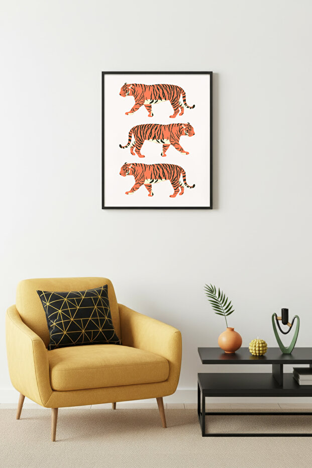 Black Wooden Framed Retro Painting - Tiger Printed Forest Theme | Huhu2781 - Single Table Black Frame