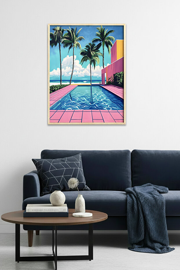 Natural Wood Framed Tropical Painting - Summer Landscape with Palms | Huhu1899 - Single Table Natural Wood Frame
