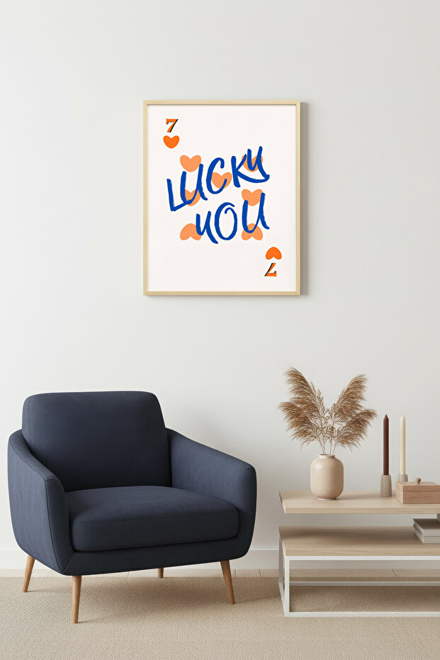 Natural Wood Framed Painting - Retro Heart Patterned Lucky You Pop Art | Huhu2278 - Single Table Natural Wood Frame