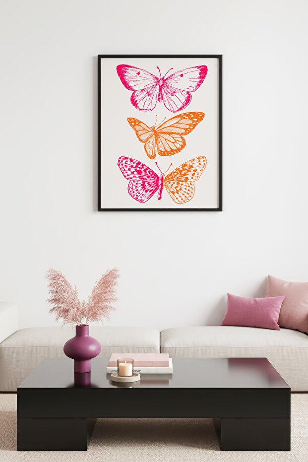 Black Wooden Framed Butterfly Patterned Painting - Retro Tropical Animals | Huhu2746 - Single Table Black Frame