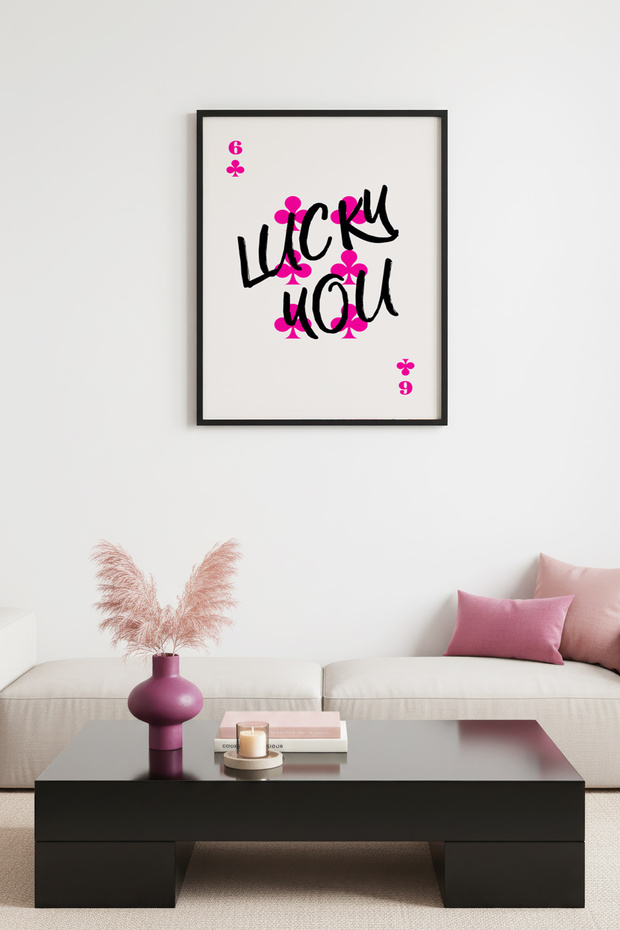 Black Wooden Framed Retro Pop Art Painting - Pink Symbol Lettering Design | Huhu2642 - Single Table Black Frame