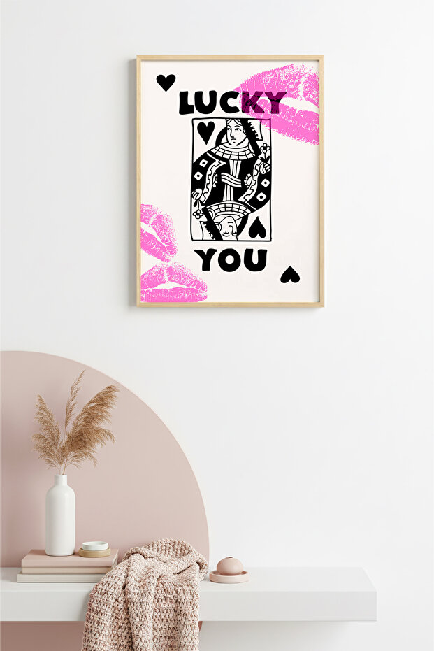 Natural Wood Framed Retro Pop Art Painting - Lucky Playing Card | Huhu2545 - Single Table Natural Wood Frame