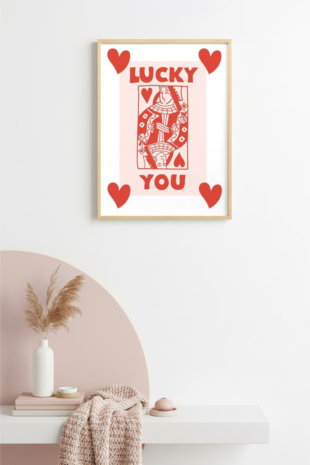 Natural Wood Framed Retro Painting - Lucky Card Game Themed | Huhu2414 - Single Table Natural Wood Frame