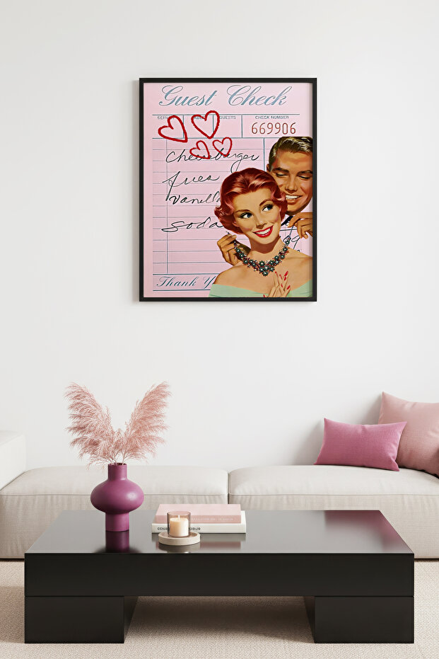 Black Wooden Framed Retro Painting - Vintage Romantic Pop Art Couple | Huhu2293 - Single Table Black Frame
