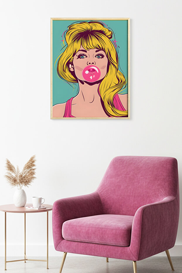 Natural Wood Framed Pop Art Patterned Painting - Retro Female Portrait | Huhu1885 - Single Table Natural Wood Frame